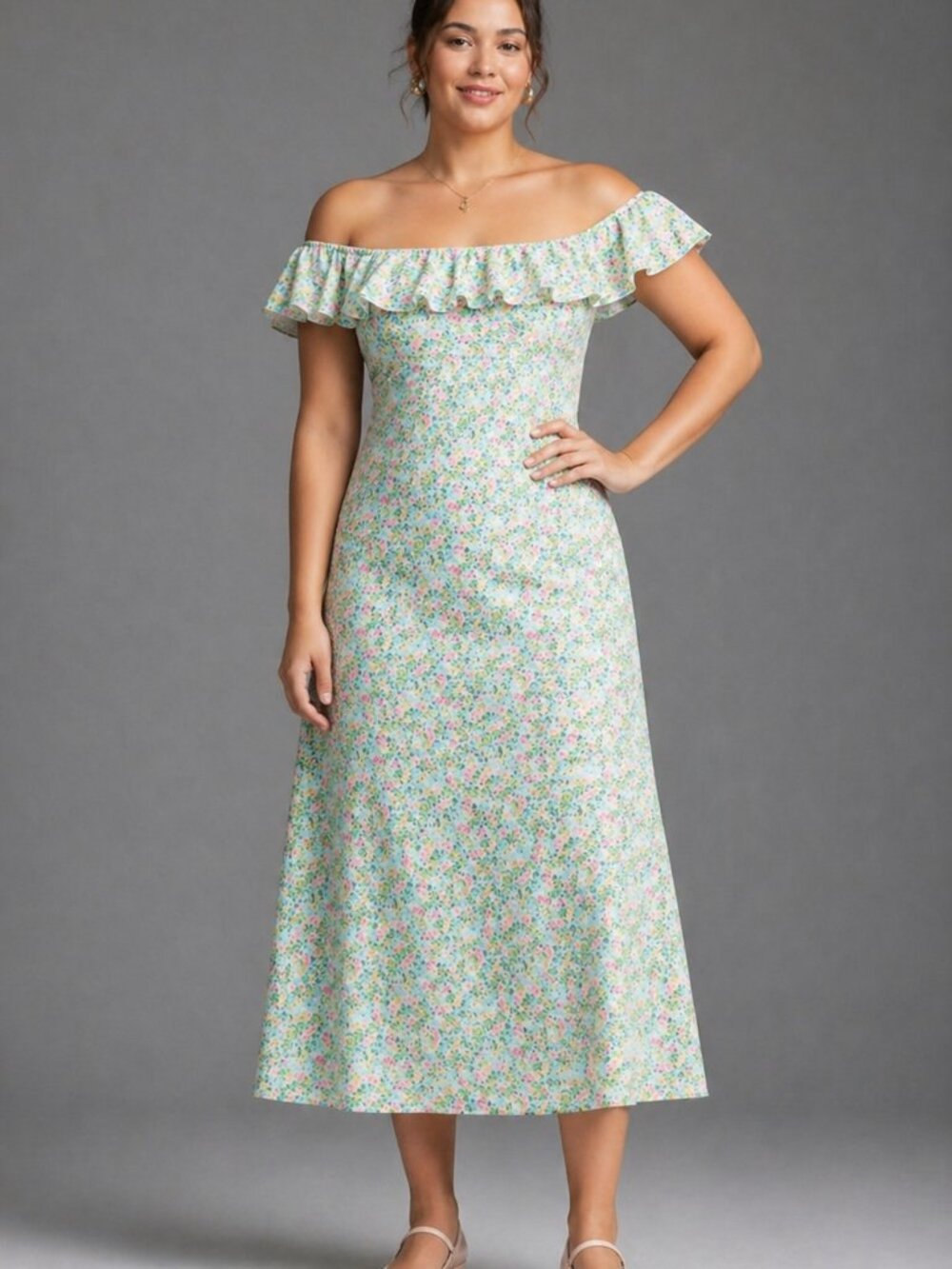 BHLDN Ava Off Shoulder Ruffle Midi Dress XL Floral Anthropologie Sold Out